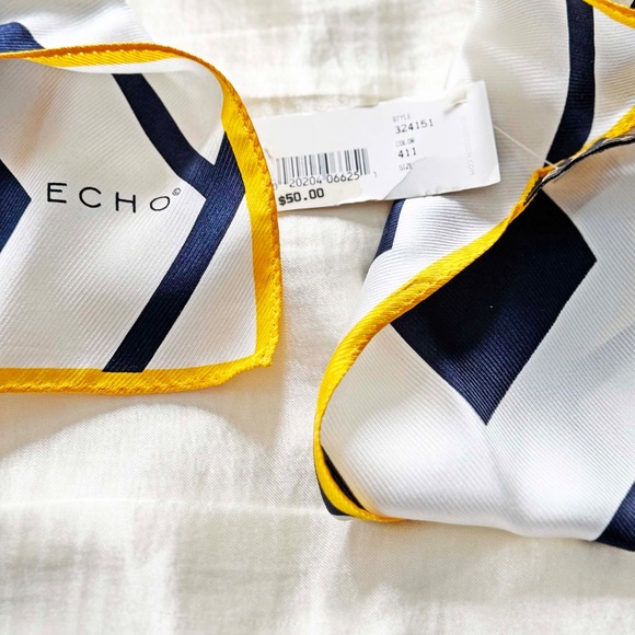 100% SILK SCARF, by ECHO, YELLOW/NAVY/WHITE, 59 X 11 INCHES, MADE IN JAPAN, - Picture 4 of 5